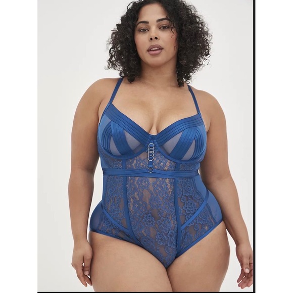 torrid Tops - Sold.  Torrid Curve Blue Lace Mesh Strappy O-Ring Caged Bodysuit Lingerie Size 4